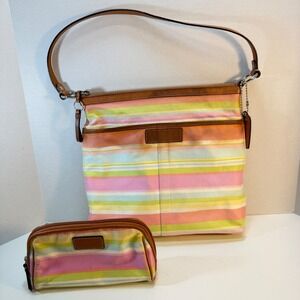 Coach Shoulder Bag Tote Pastel Multi Stripe Canvas Leather Pouch VTG Y2K READ